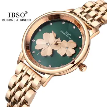 IBSO Prabanga Žalia Moterų Laikrodžiai Dobilų 3D Nerūdijančio Plieno/Odinis Dirželis 3 Spalvų Variantų, Gėlių Geneva Laikrodis Ponios Dovanos