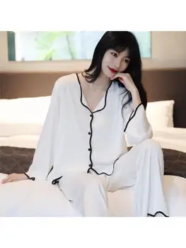 Pavasarį ir vasarą seksualus šilko pižama moterų ilgomis rankovėmis tiktų didelio dydžio paprastas ledas plonas šilko namų drabužiai